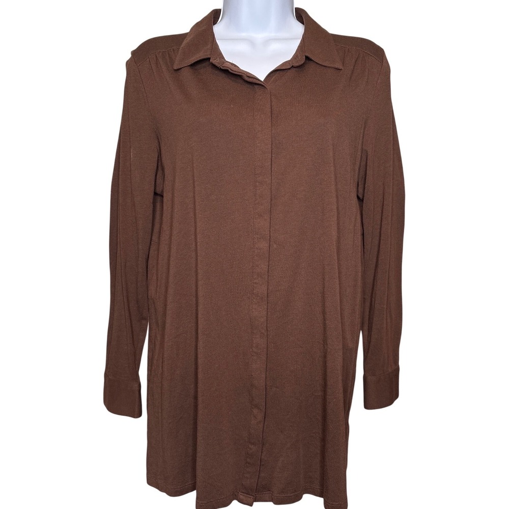 J Jill Womens Brown Stretchy Cotton Button Front Tunic Top Size M Oversized